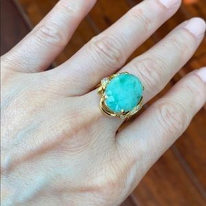 18K Solid Real Gold Oval Green Jade Women Ring